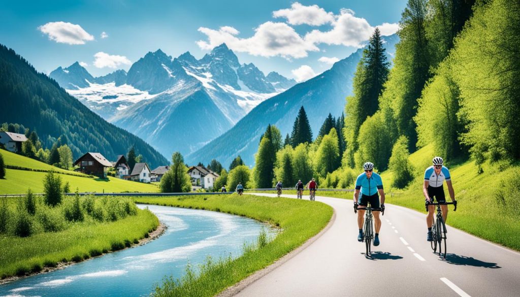 Radfahrer auf dem Ennsradweg mit Alpenpanorama