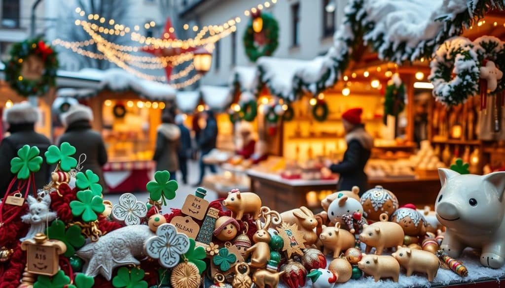 A cozy winter scene at a traditional Austrian Christmas market, showcasing a variety of good luck charms and symbols of fortune for the new year. In the foreground, a display of Glücksbringer (lucky charms) such as four-leaf clovers, chimney sweeps, and golden pigs. In the middle ground, vendors selling handcrafted wooden figurines, glass ornaments, and other festive trinkets. The background features the warm glow of twinkling lights, wreaths, and snow-covered wooden stalls, creating a charming and celebratory atmosphere. Warm lighting casts a soft, magical ambiance, inviting viewers to explore the market and discover the cultural significance of these Silvester traditions. A cozy winter scene at a traditional Austrian Christmas market, showcasing a variety of good luck charms and symbols of fortune for the new year. In the foreground, a display of Glücksbringer (lucky charms) such as four-leaf clovers, chimney sweeps, and golden pigs. In the middle ground, vendors selling handcrafted wooden figurines, glass ornaments, and other festive trinkets. The background features the warm glow of twinkling lights, wreaths, and snow-covered wooden stalls, creating a charming and celebratory atmosphere. Warm lighting casts a soft, magical ambiance, inviting viewers to explore the market and discover the cultural significance of these Silvester traditions.