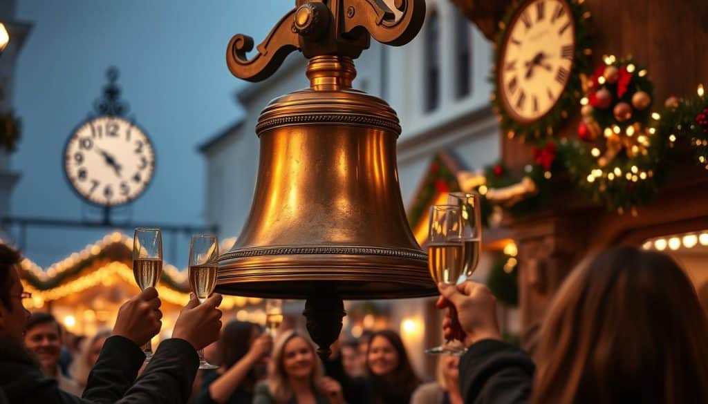 A grand, ornate bell known as the Pummerin hangs majestically in the foreground, its bronze surface gleaming under the soft, warm glow of candlelight. In the middle ground, a group of revelers raise their champagne flutes, their faces alight with joy and anticipation as they prepare to welcome the new year. The scene is set against the backdrop of a bustling Viennese Christkindlmarkt, its stalls adorned with twinkling lights and festive decorations. As the clock strikes midnight, the Pummerin's deep, resonant toll echoes through the night, signaling the arrival of a new year filled with promise and celebration. A grand, ornate bell known as the Pummerin hangs majestically in the foreground, its bronze surface gleaming under the soft, warm glow of candlelight. In the middle ground, a group of revelers raise their champagne flutes, their faces alight with joy and anticipation as they prepare to welcome the new year. The scene is set against the backdrop of a bustling Viennese Christkindlmarkt, its stalls adorned with twinkling lights and festive decorations. As the clock strikes midnight, the Pummerin's deep, resonant toll echoes through the night, signaling the arrival of a new year filled with promise and celebration.