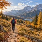 Wanderperson auf einem herbstlichen Wanderweg in den österreichischen Alpen mit goldenen Lärchen und Bergpanorama