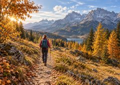 Wanderperson auf einem herbstlichen Wanderweg in den österreichischen Alpen mit goldenen Lärchen und Bergpanorama