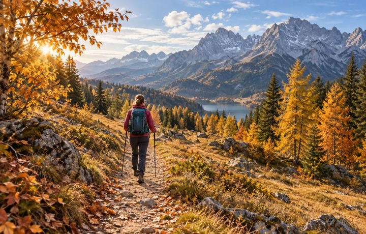 Wanderperson auf einem herbstlichen Wanderweg in den österreichischen Alpen mit goldenen Lärchen und Bergpanorama