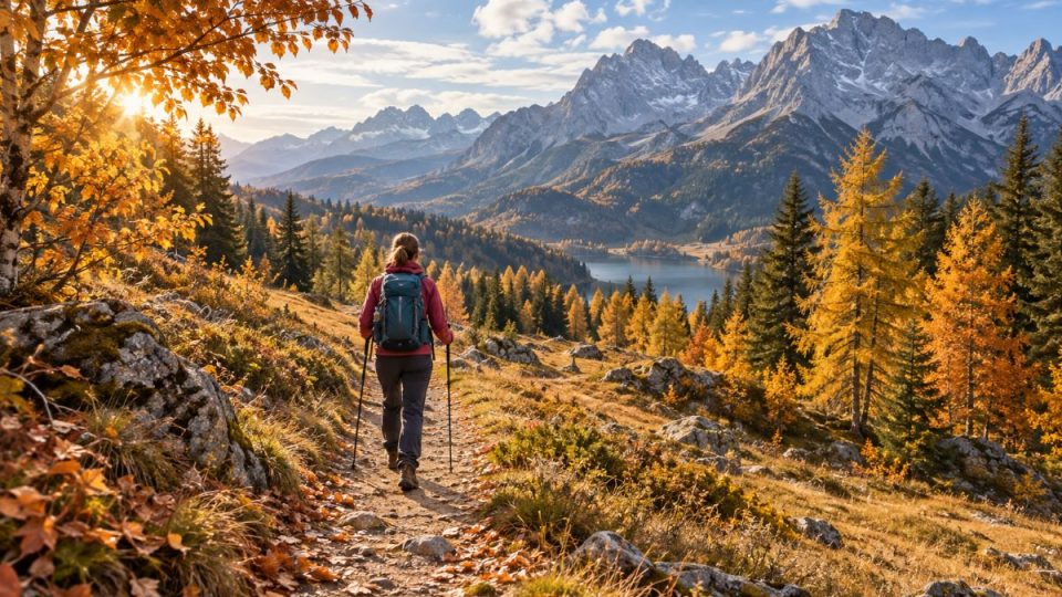 Wanderperson auf einem herbstlichen Wanderweg in den österreichischen Alpen mit goldenen Lärchen und Bergpanorama