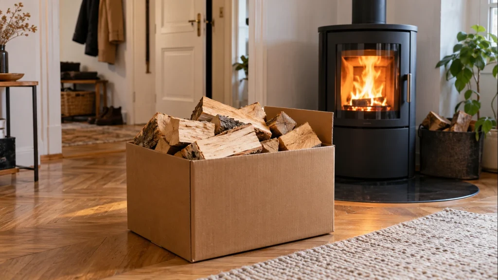 Kartonbox mit gespaltenem Kaminholz in einem Wohnraum mit Kaminofen – kompakter Holzvorrat ohne eigenes Holzlager.