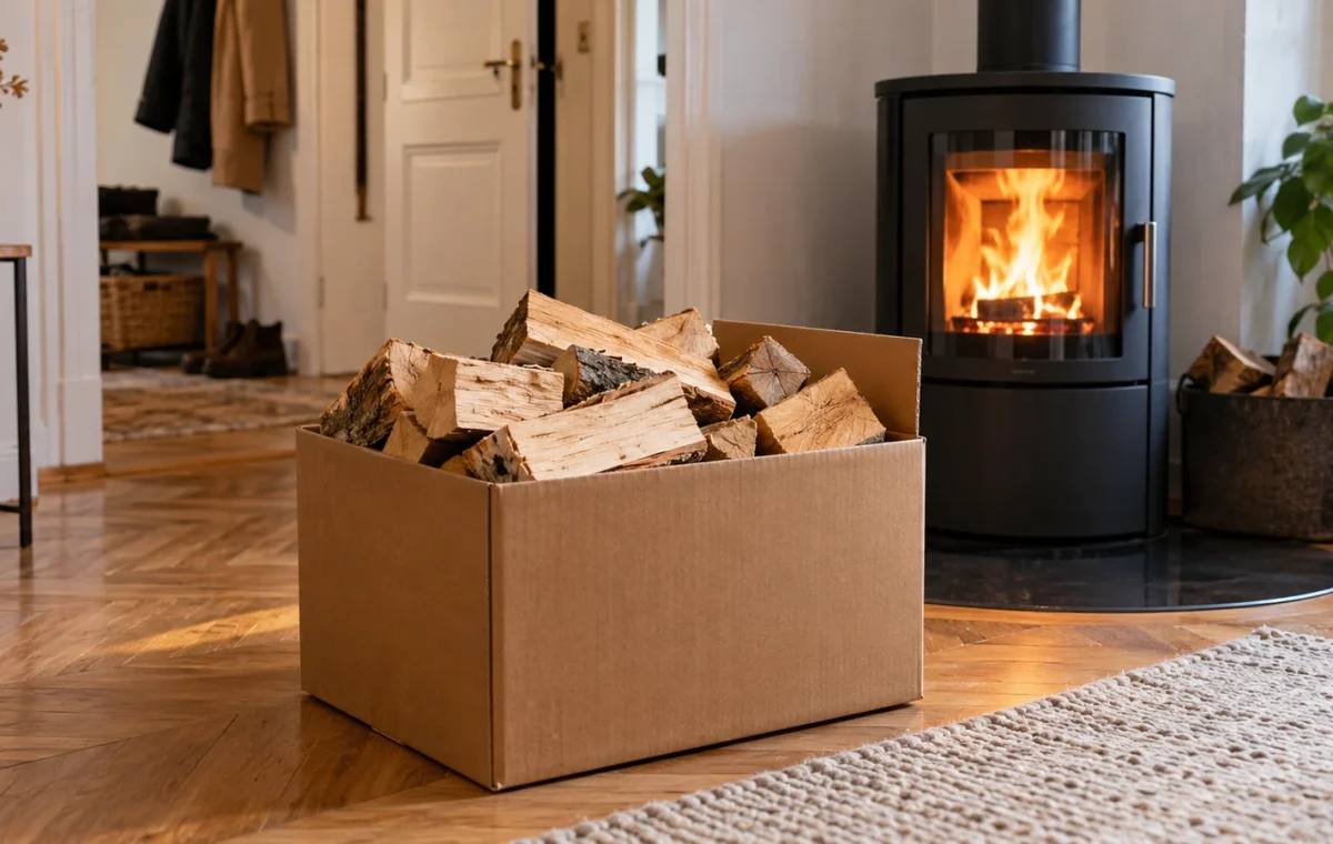Kartonbox mit gespaltenem Kaminholz in einem Wohnraum mit Kaminofen – kompakter Holzvorrat ohne eigenes Holzlager.