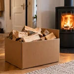 Kartonbox mit gespaltenem Kaminholz in einem Wohnraum mit Kaminofen – kompakter Holzvorrat ohne eigenes Holzlager.