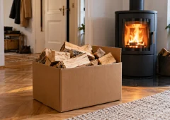 Kartonbox mit gespaltenem Kaminholz in einem Wohnraum mit Kaminofen – kompakter Holzvorrat ohne eigenes Holzlager.