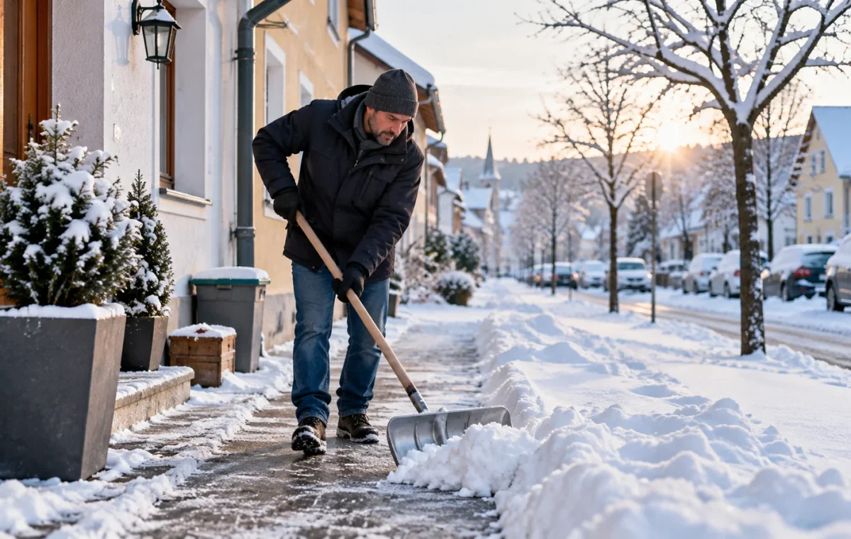 Ein Mann räumt mit einer Schneeschaufel den Gehsteig vor Wohnhäusern frei, während Schnee und Eis die winterliche Straße bedecken.