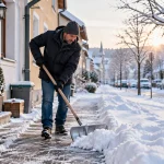 Ein Mann räumt mit einer Schneeschaufel den Gehsteig vor Wohnhäusern frei, während Schnee und Eis die winterliche Straße bedecken.