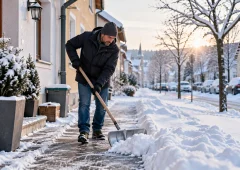 Ein Mann räumt mit einer Schneeschaufel den Gehsteig vor Wohnhäusern frei, während Schnee und Eis die winterliche Straße bedecken.