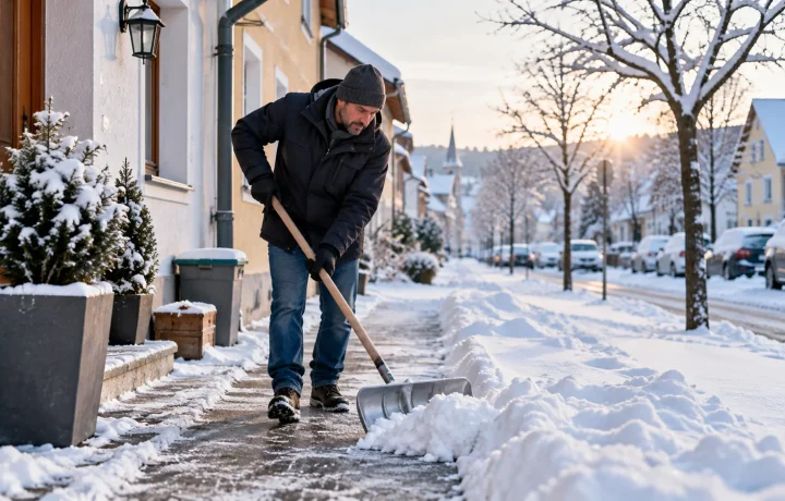 Ein Mann räumt mit einer Schneeschaufel den Gehsteig vor Wohnhäusern frei, während Schnee und Eis die winterliche Straße bedecken.